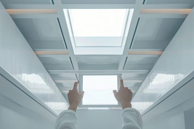 businesswoman-using-tablet-pc-against-white-room-with-windows-ceiling_1235831-192930-1481356